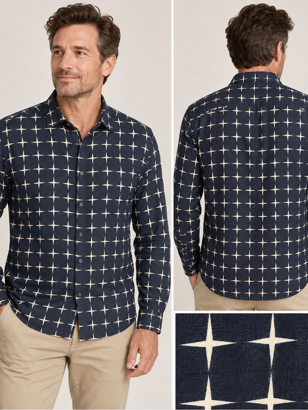 Sisley Navy Blue Button-Down Shirt with Cream Star Grid